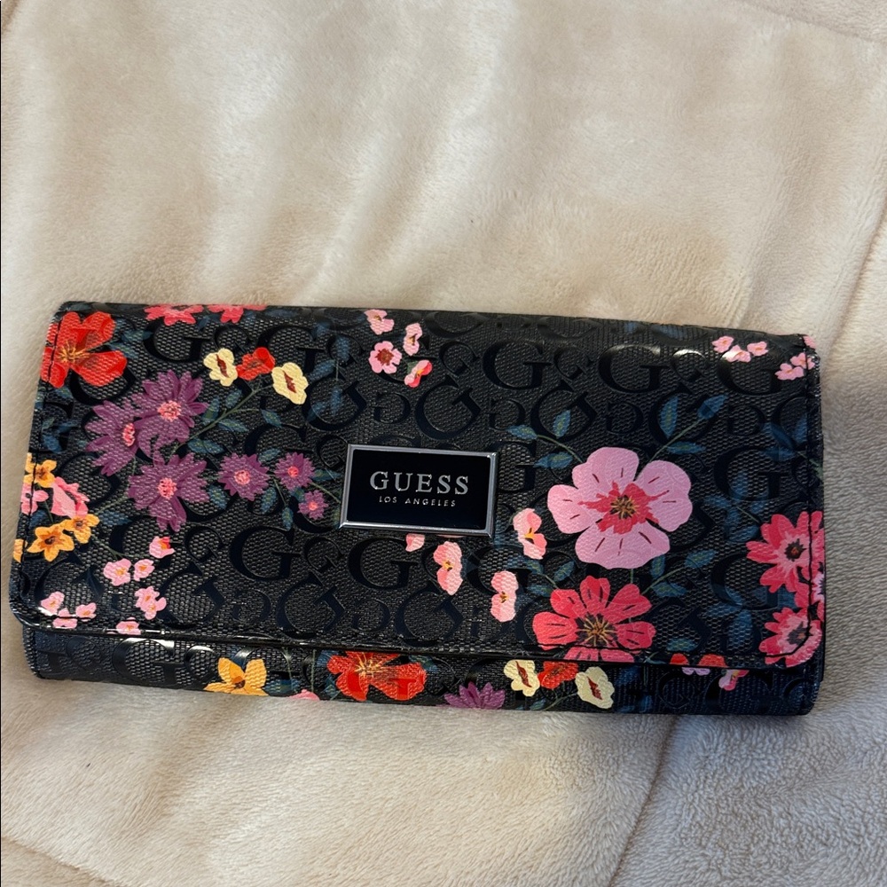 GUESS Black and Pink Floral Wallet